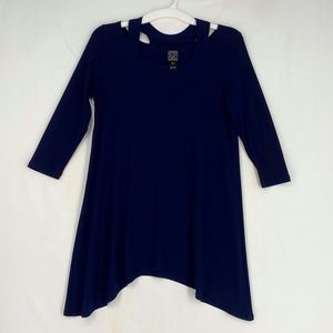 Clara Sun Woo Womens XS Tunic Top Navy Blue Long Sleeves Cold Collar Shark Bite